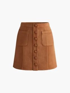 Breasted Pockets Faux Leather Skirt