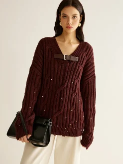 Buckle Belted Beaded Knit Top