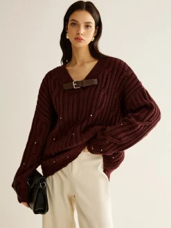 Buckle Belted Beaded Knit Top