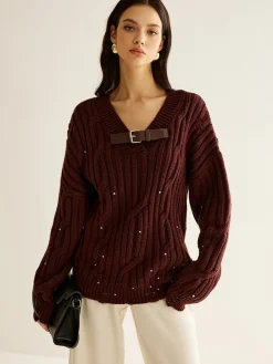 Buckle Belted Beaded Knit Top
