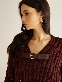 Buckle Belted Beaded Knit Top