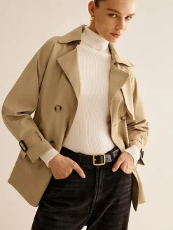 Buckle Design Lapel Belted Trench Coat