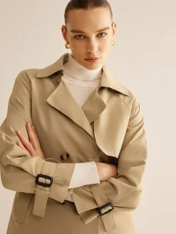Buckle Design Lapel Belted Trench Coat