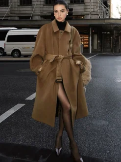 Button Belted Lapel Long Coat
