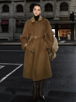 Button Belted Lapel Long Coat