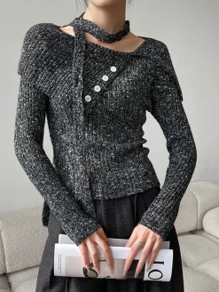 Button Decor Belted Sweater