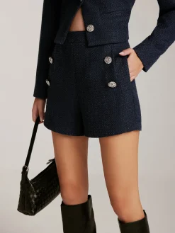 Button Decor Tweed Shorts
