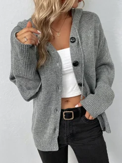 Button Drawstring Hooded Cardigan