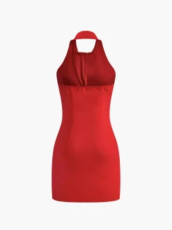 Button Front Backless Halter Dress