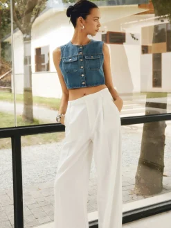 Button Front Double Pockets Denim Top