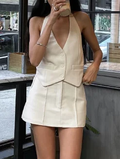 Button Front Halter Neck Backless Vest Blazer With Skirt Set