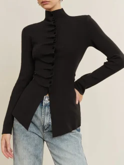 Button Pleated Split Knit Top