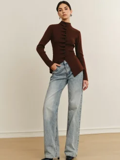 Button Pleated Split Knit Top
