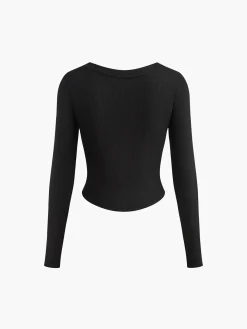 Button Ribbed Long Sleeve T-Shirt