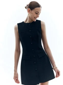 Button Solid Crew Neck Sleeveless Dress