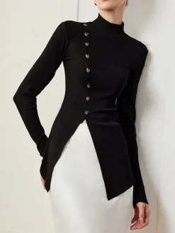 Button Split Skinny Blouse
