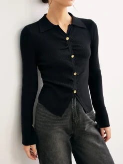 Button Split Slim Polo Sweater