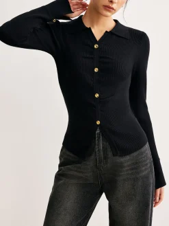 Button Split Slim Polo Sweater