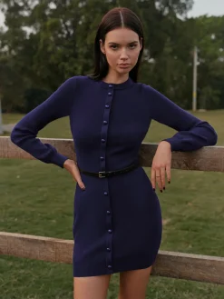 Button-Decor Sweater Hip-Covering Dress With Belt