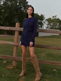 Button-Decor Sweater Hip-Covering Dress With Belt