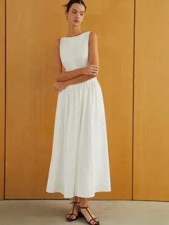Button-Front Sleeveless Pockets Long Dress