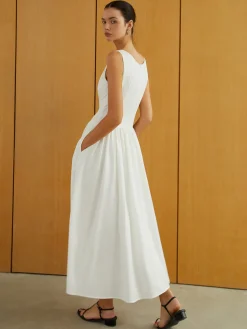 Button-Front Sleeveless Pockets Long Dress