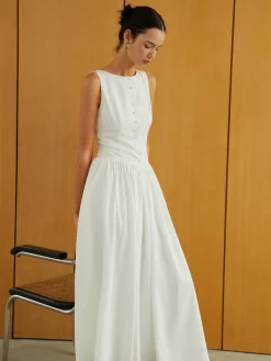 Button-Front Sleeveless Pockets Long Dress