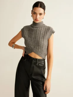 Cable-Knit Mock Neck Crop Sweater Vest