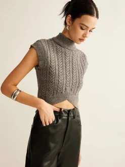 Cable-Knit Mock Neck Crop Sweater Vest