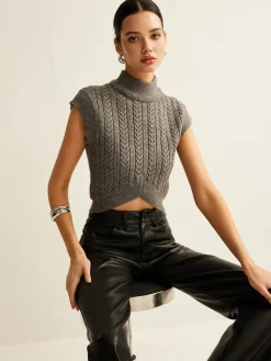 Cable-Knit Mock Neck Crop Sweater Vest