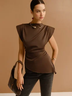 Cap Sleeve Asymmetrical Hem Skinny Blouse