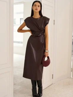 Cap-Sleeve Knotted Faux Leather Dress