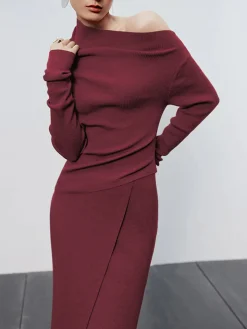 Caramel Asymmetric Neckline Long Sleeve Knit Top