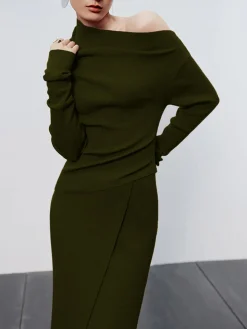Caramel Asymmetric Neckline Long Sleeve Knit Top