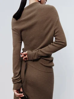 Caramel Asymmetric Neckline Long Sleeve Knit Top