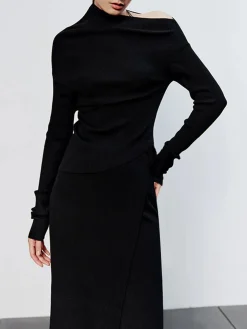 Caramel Asymmetric Neckline Long Sleeve Knit Top