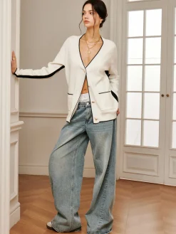 Casual Contrast Trim Knit Outerwear
