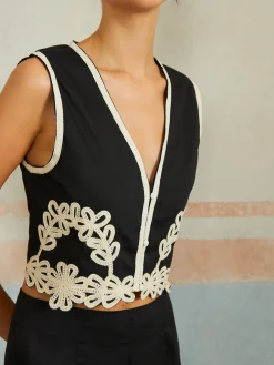 Casual Embroidery Sleeveless Zipper Pants Set