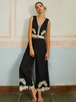Casual Embroidery Sleeveless Zipper Pants Set