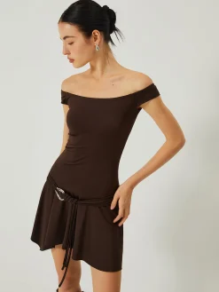 Casual Off-Shoulder Ruched Ruffle Hem Dress