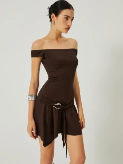 Casual Off-Shoulder Ruched Ruffle Hem Dress
