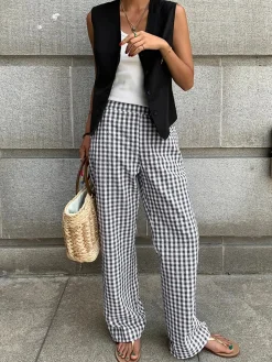 Casual Plaid Wide Leg Pants