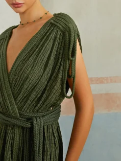Casual Pleated Belted Long Dress