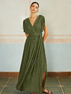 Casual Pleated Belted Long Dress
