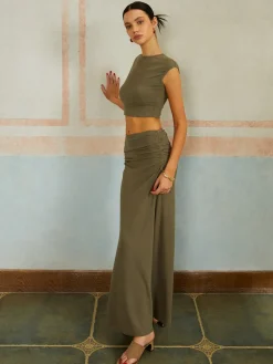 Casual Slim Fit Pleated Long Skirt Set