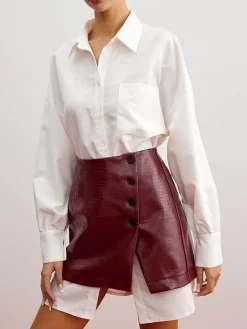 Casual Solid Shirt With Faux Leather Mini Skirt Set