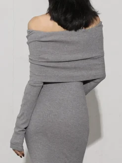 Charcoal Off Shoulder Overfold Long Sleeve Long Dress