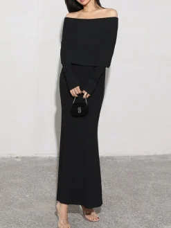 Charcoal Off Shoulder Overfold Long Sleeve Long Dress