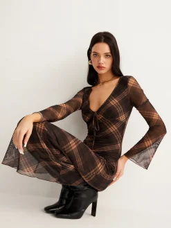 Checked Bell-Sleeve Mesh Dress