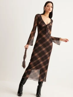 Checked Bell-Sleeve Mesh Dress